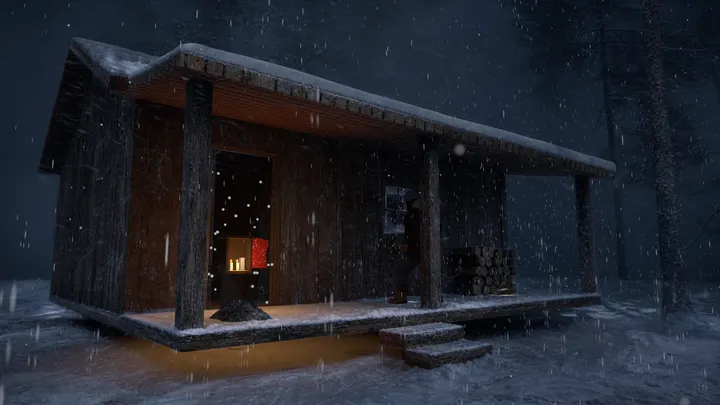 The hunter's cabin under black snow
